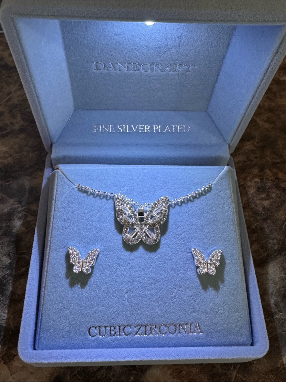 DaneCraft Silver-Plated Butterfly Necklace and Stud Earrings Set New in Gift Box